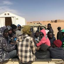 Assamaka, Niger 02-2019 Migrants forcefully arrested in Algeria, transported to the Nigerian border and left without support in the Sahara desert - here seen at IOM support center in Assamaka