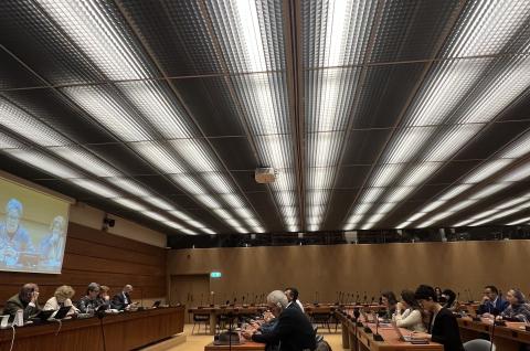 From left to right: Mouloud Boumghar, Special Rapporteur Mary Lawlor, Monia Ben Jemia, Nassera Dutour and Zakaria Hannache speak on the repression of civic space in Algeria during an event at the UN Human Rights Council in Geneva on 7 March 2025.