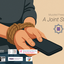 A graphic showcasing the logos of all partner organizations involved in this joint statement - while in the background is a person’s hands tied while holding a phone, symbolizing the restrictions on freely expressing opinions.