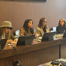 From left to right: Nedal al-Salman, Lina al-Hathloul, Jihane Ben Yahia, Lucy McKernan, Kifaya Khraim, and Tanya Boulakovski on the use of security and counter-terrorism measures to carry out reprisals in the MENA during an event at the UN human rights council in Geneva on 25 September 2025.