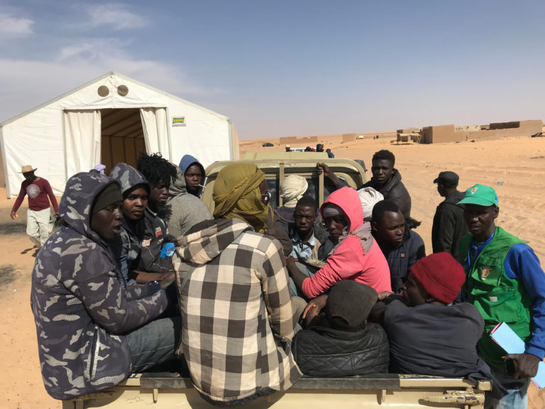 Assamaka, Niger 02-2019 Migrants forcefully arrested in Algeria, transported to the Nigerian border and left without support in the Sahara desert - here seen at IOM support center in Assamaka