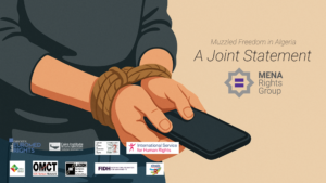 A graphic showcasing the logos of all partner organizations involved in this joint statement - while in the background is a person’s hands tied while holding a phone, symbolizing the restrictions on freely expressing opinions.